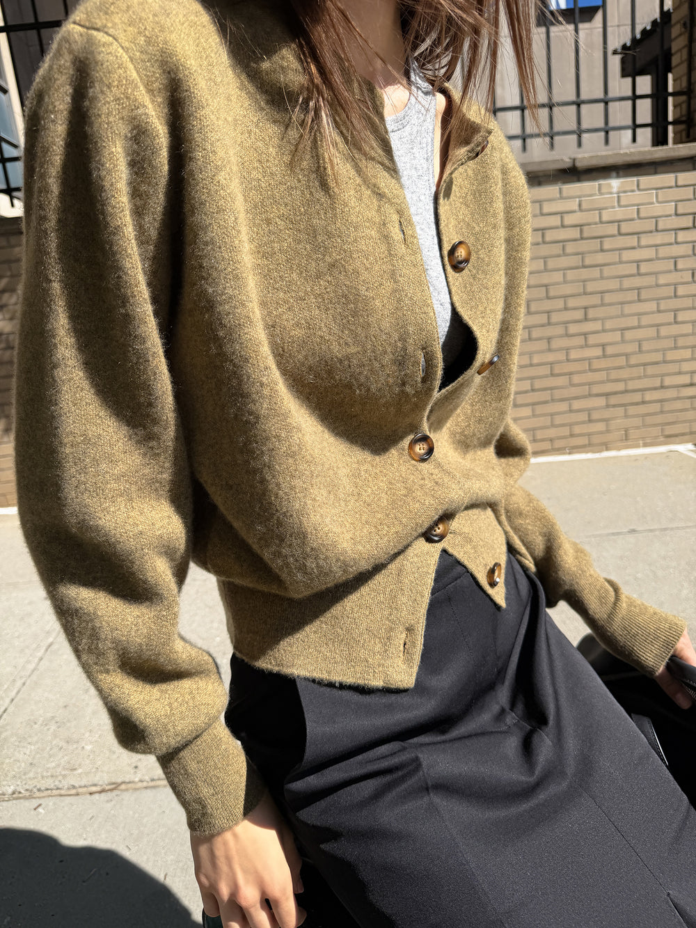 100% Cashmere Double-knit Cardigan Khaki Brown