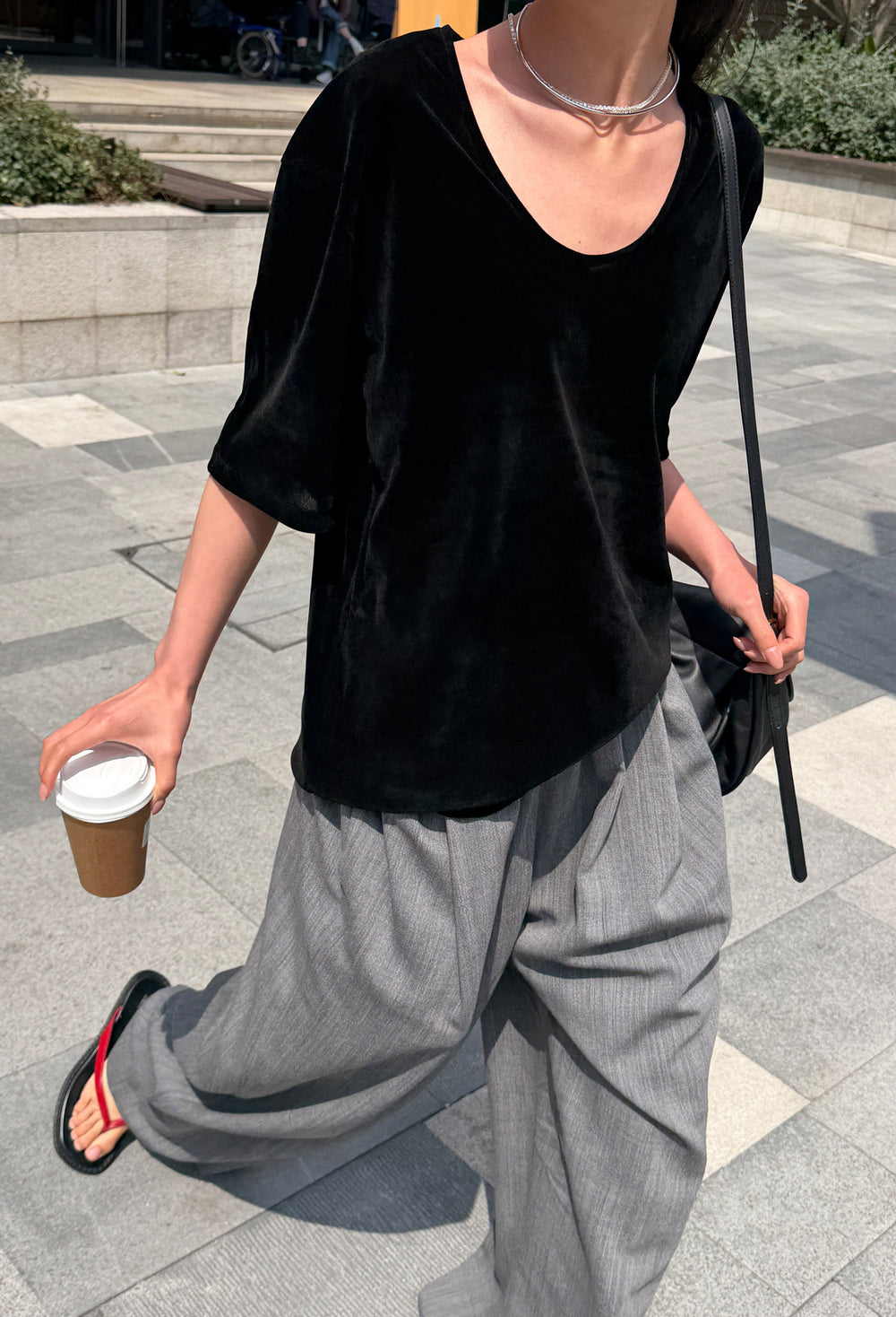 Velour U-neck T-shirt Black