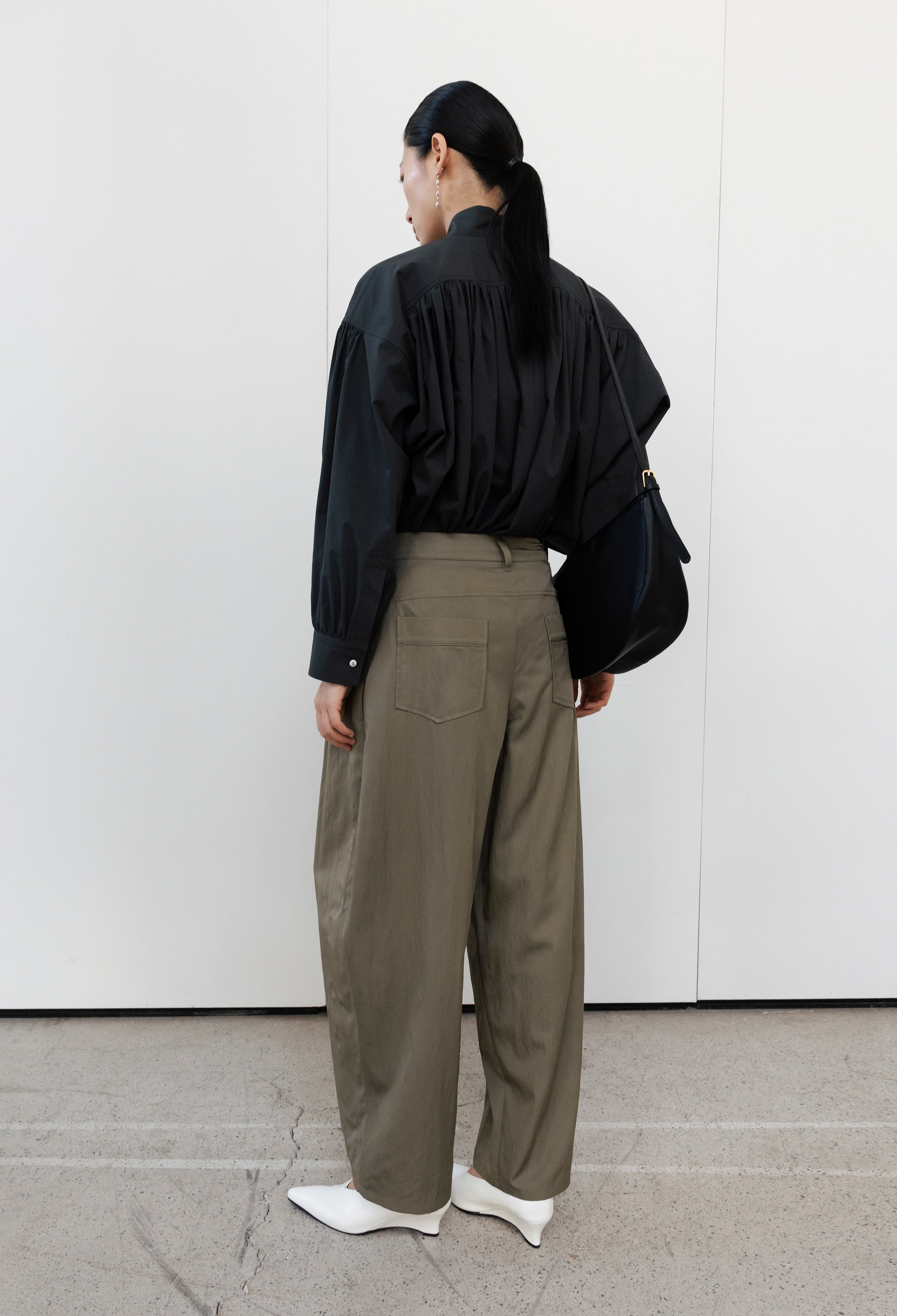 High-neck Shirred Blouse Dark Gray
