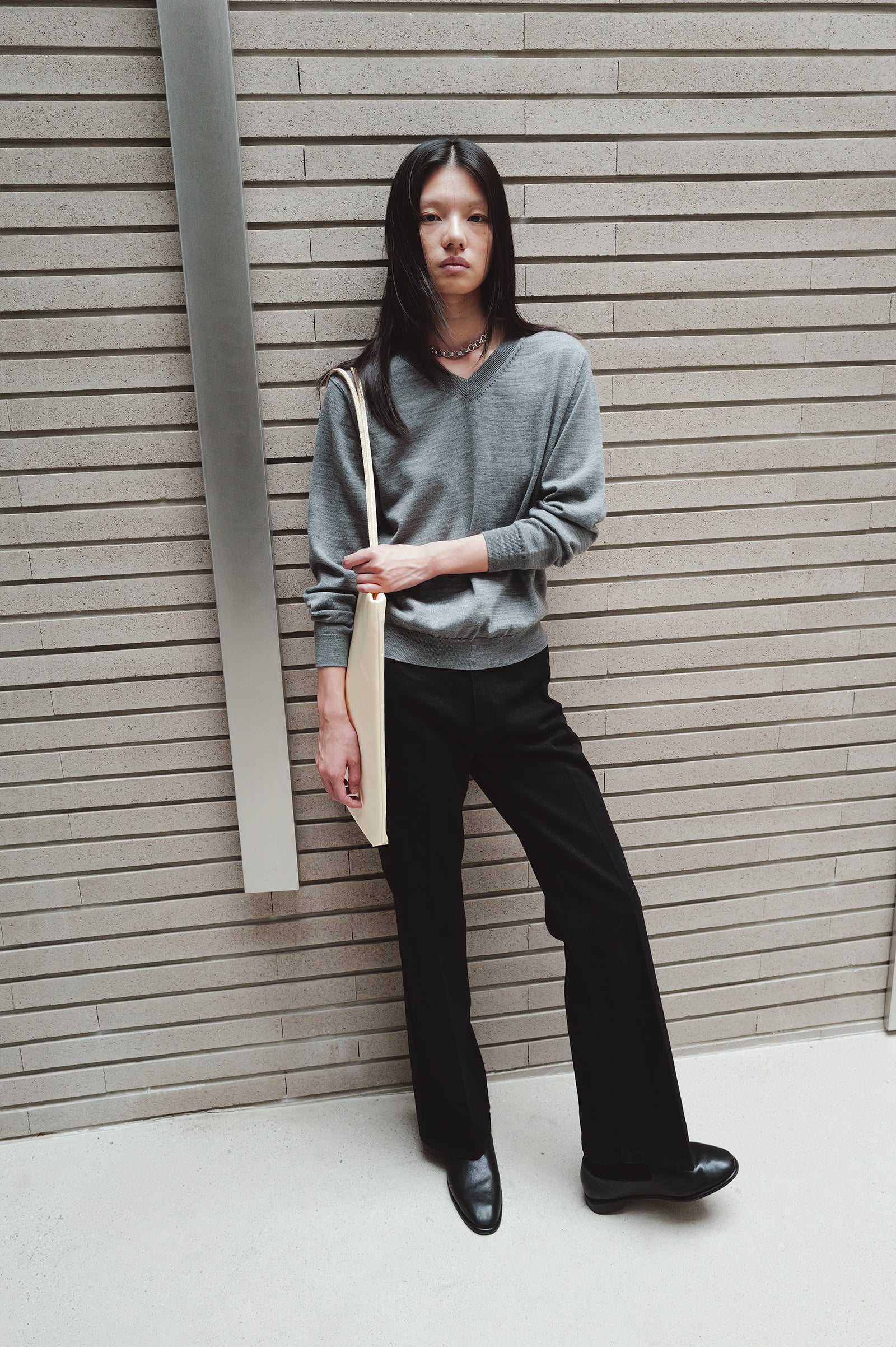 Washable 100% Wool V-neck Pullover Melange Gray