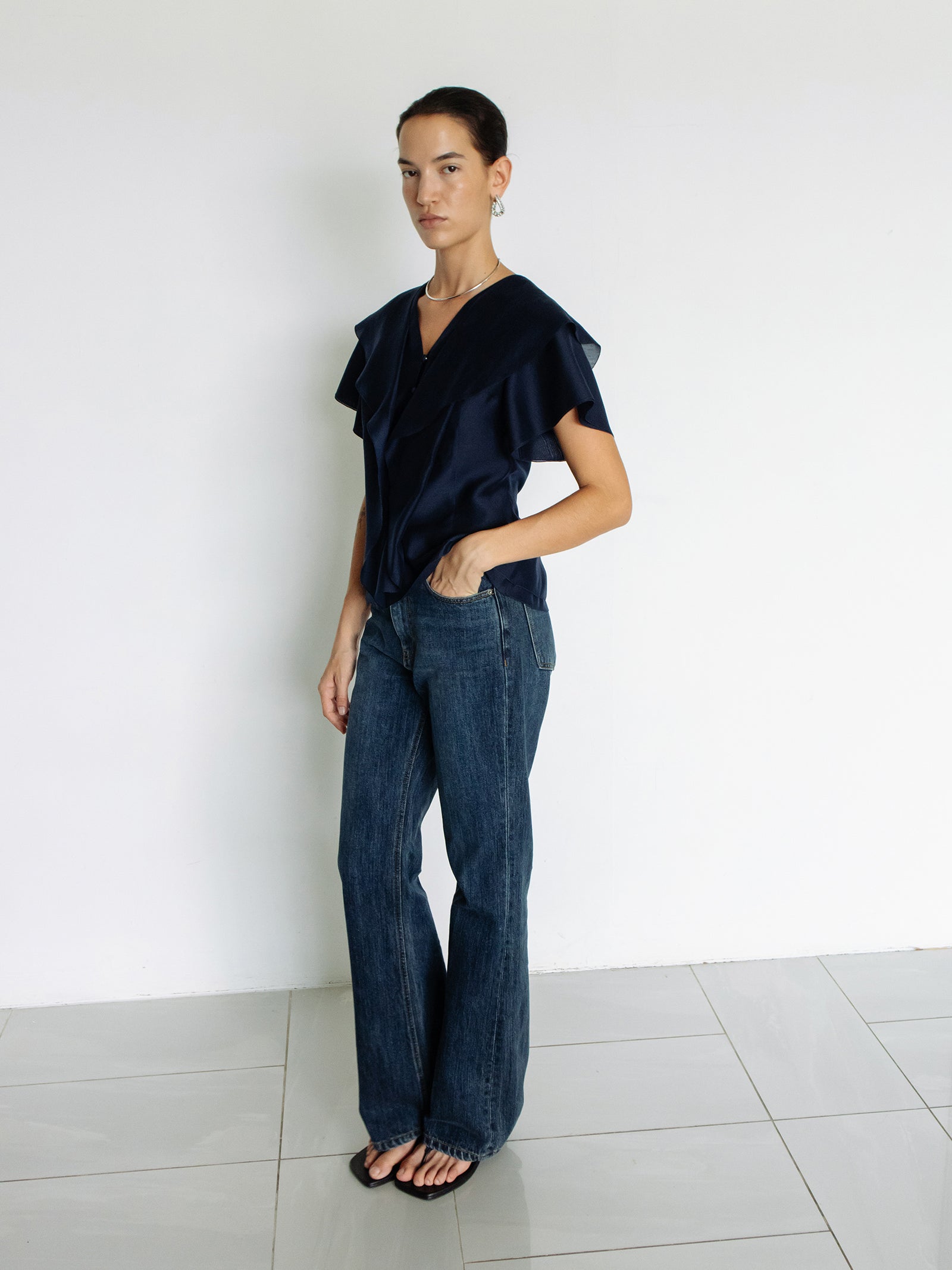 Ruffled Peplum Blouse Navy