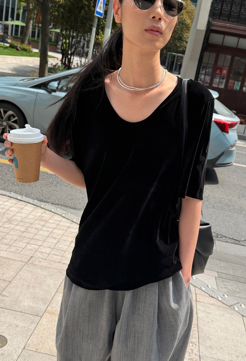 Velour U-neck T-shirt Black