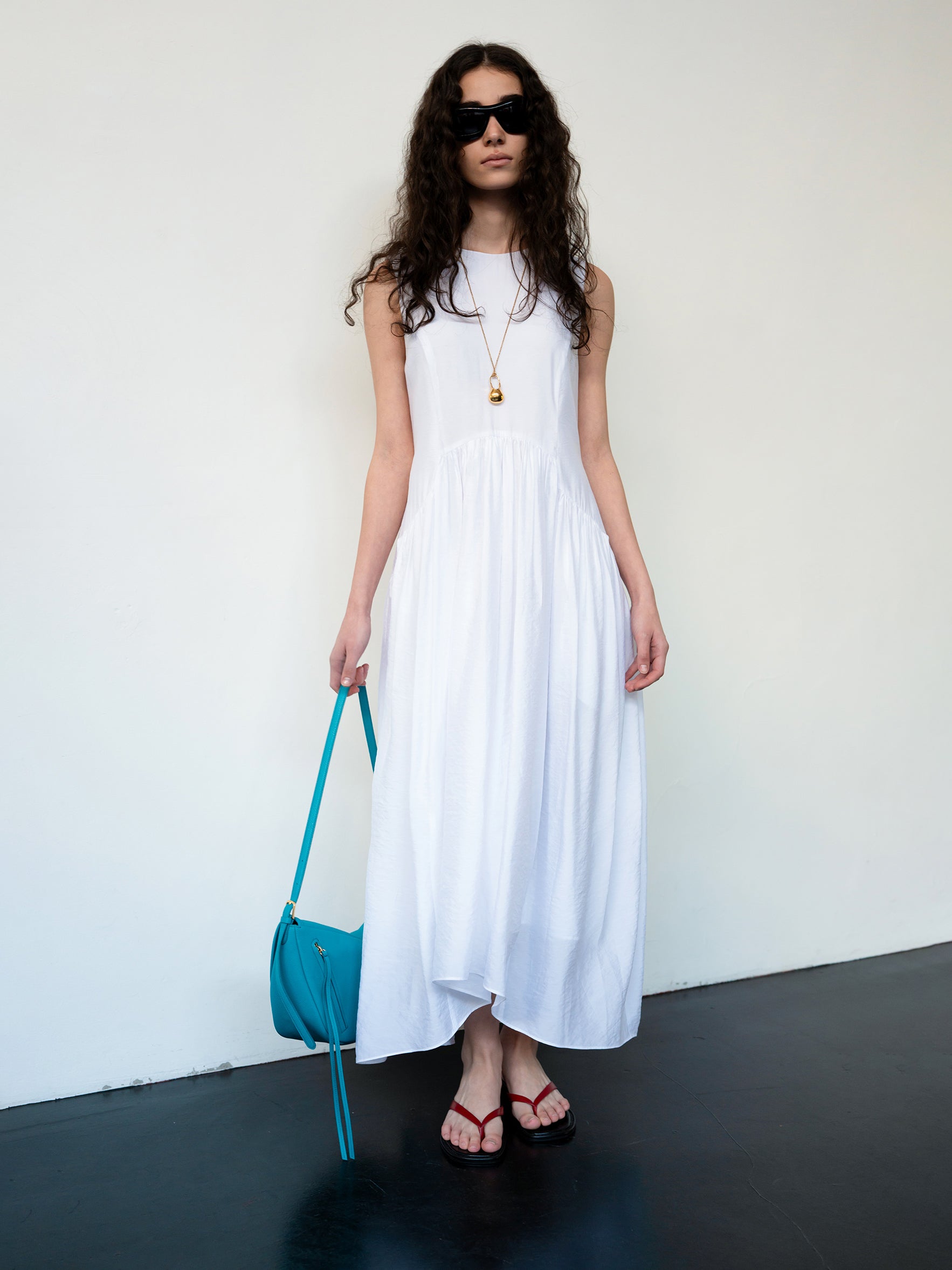 Flowy Shirring One-piece Dress White