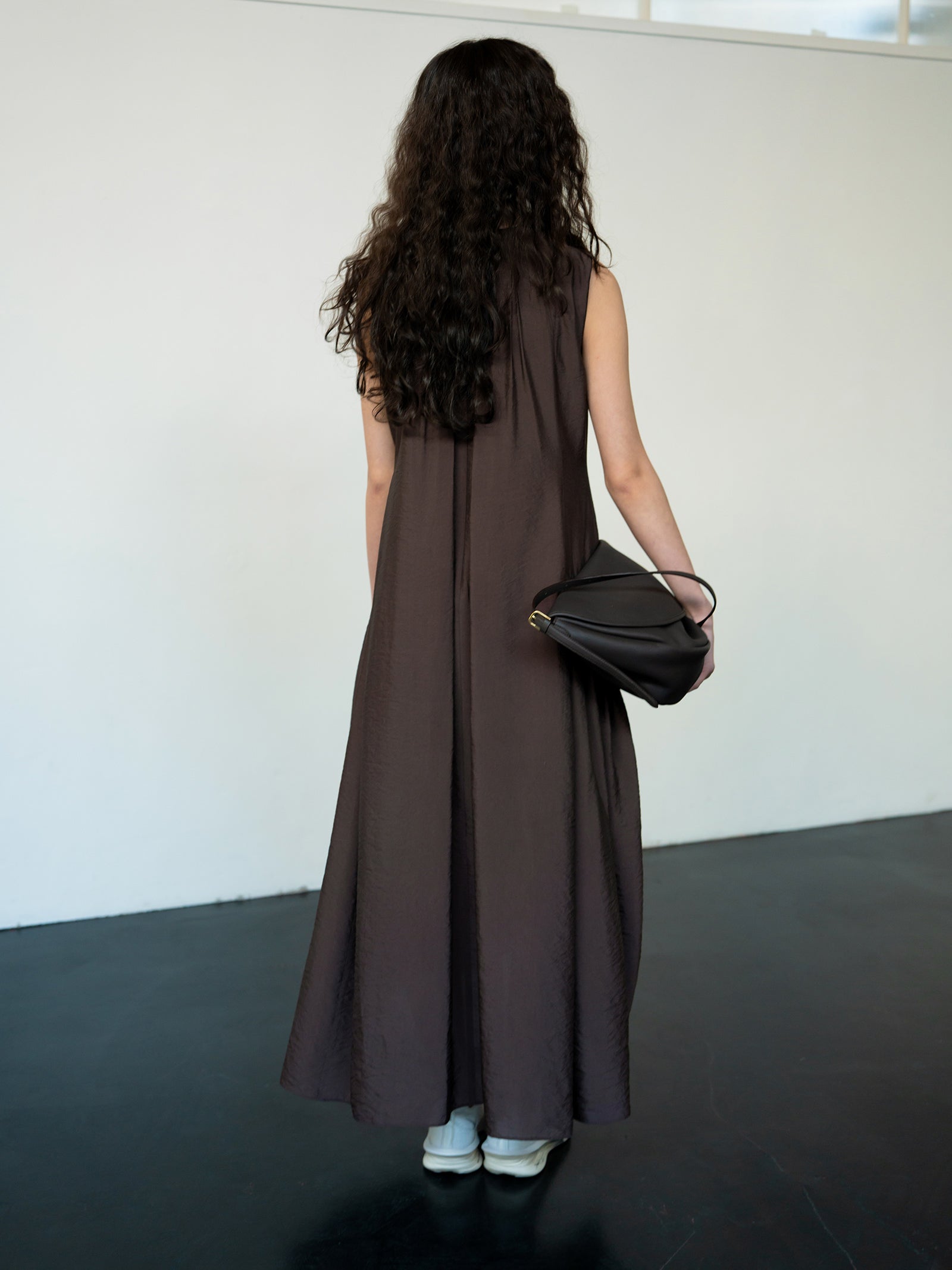 Flowy Shirring One-Piece Dress Brown