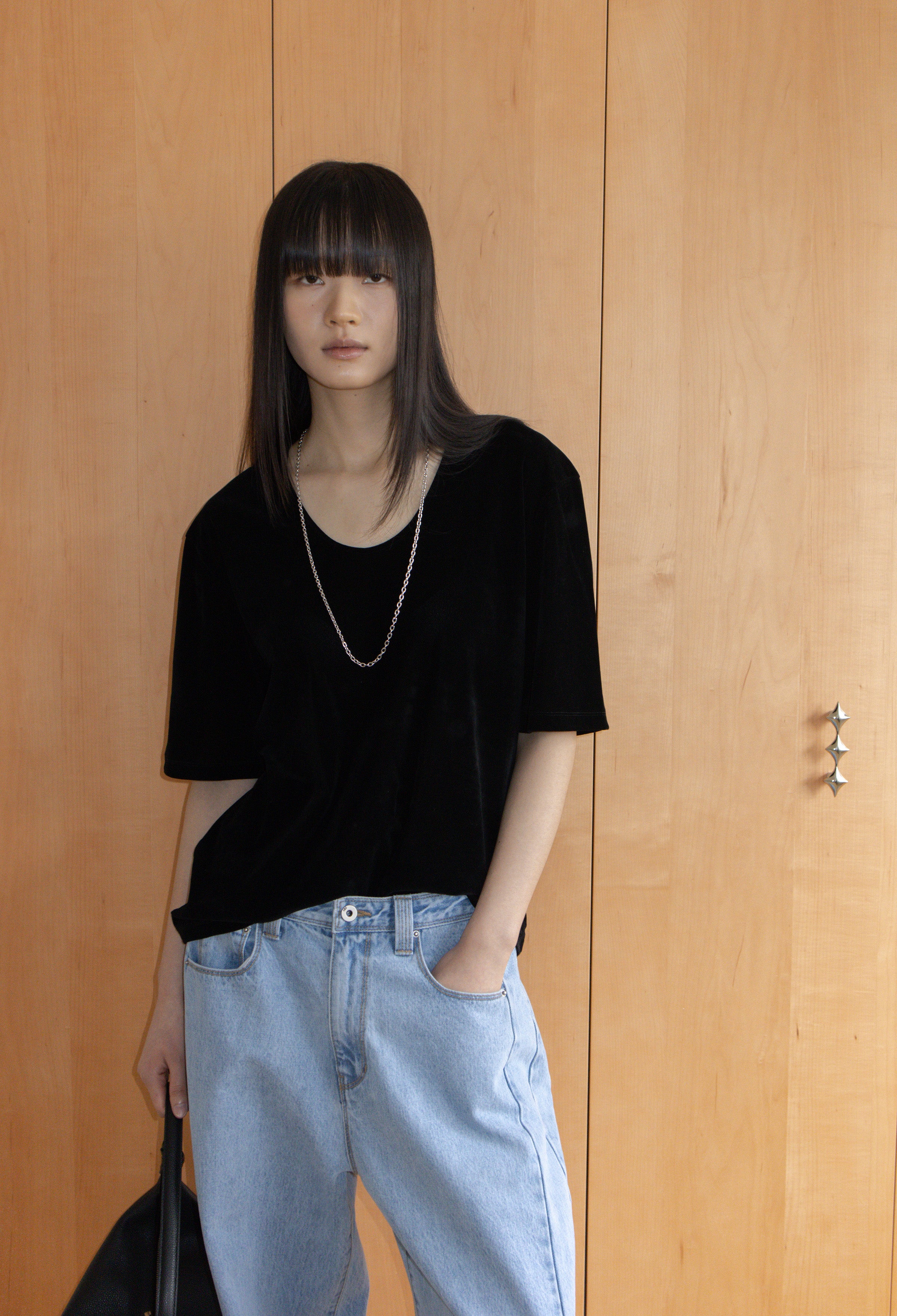 Velour U-neck T-shirt Black