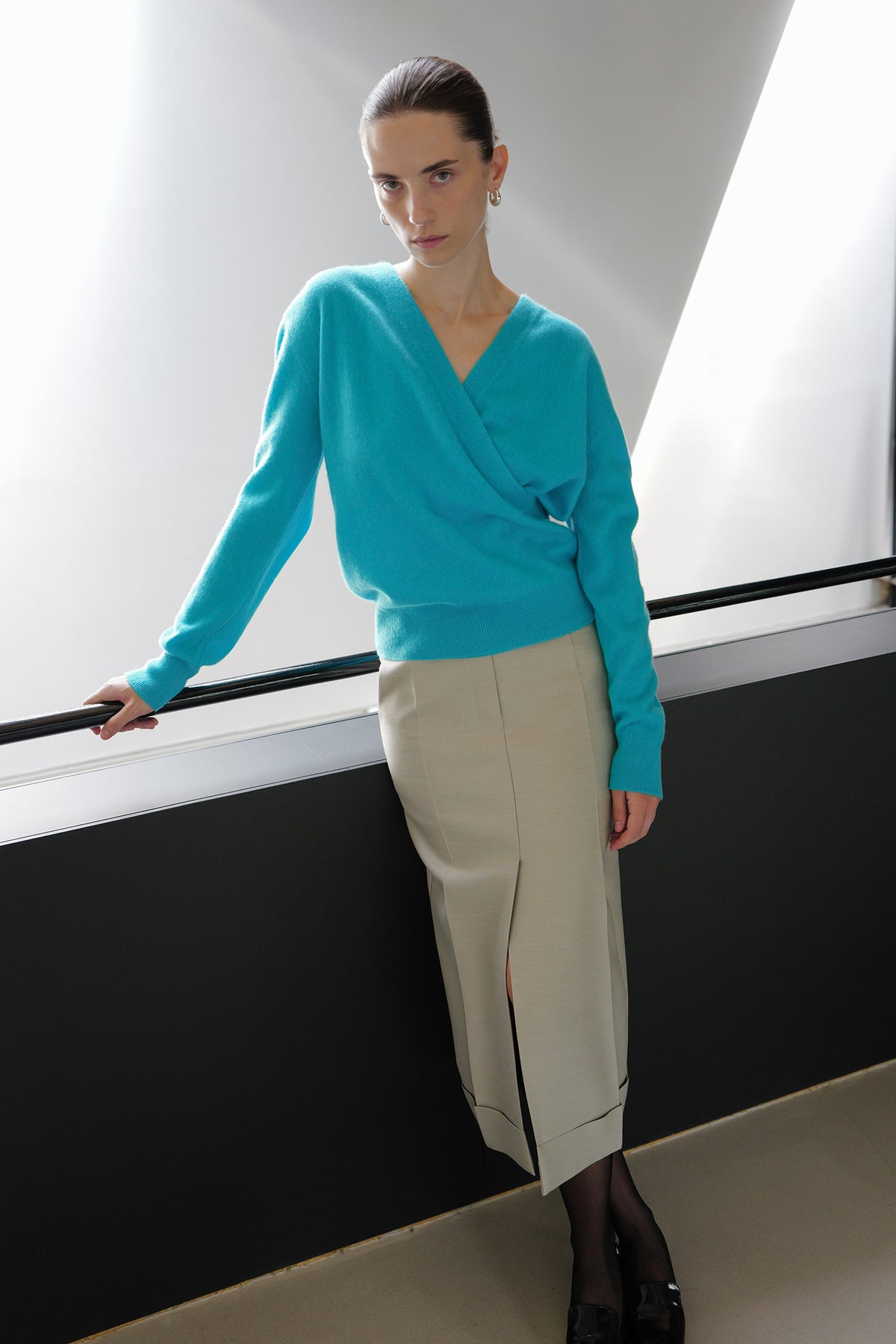 Cashmere 100 Wrap Knit Aqua Blue