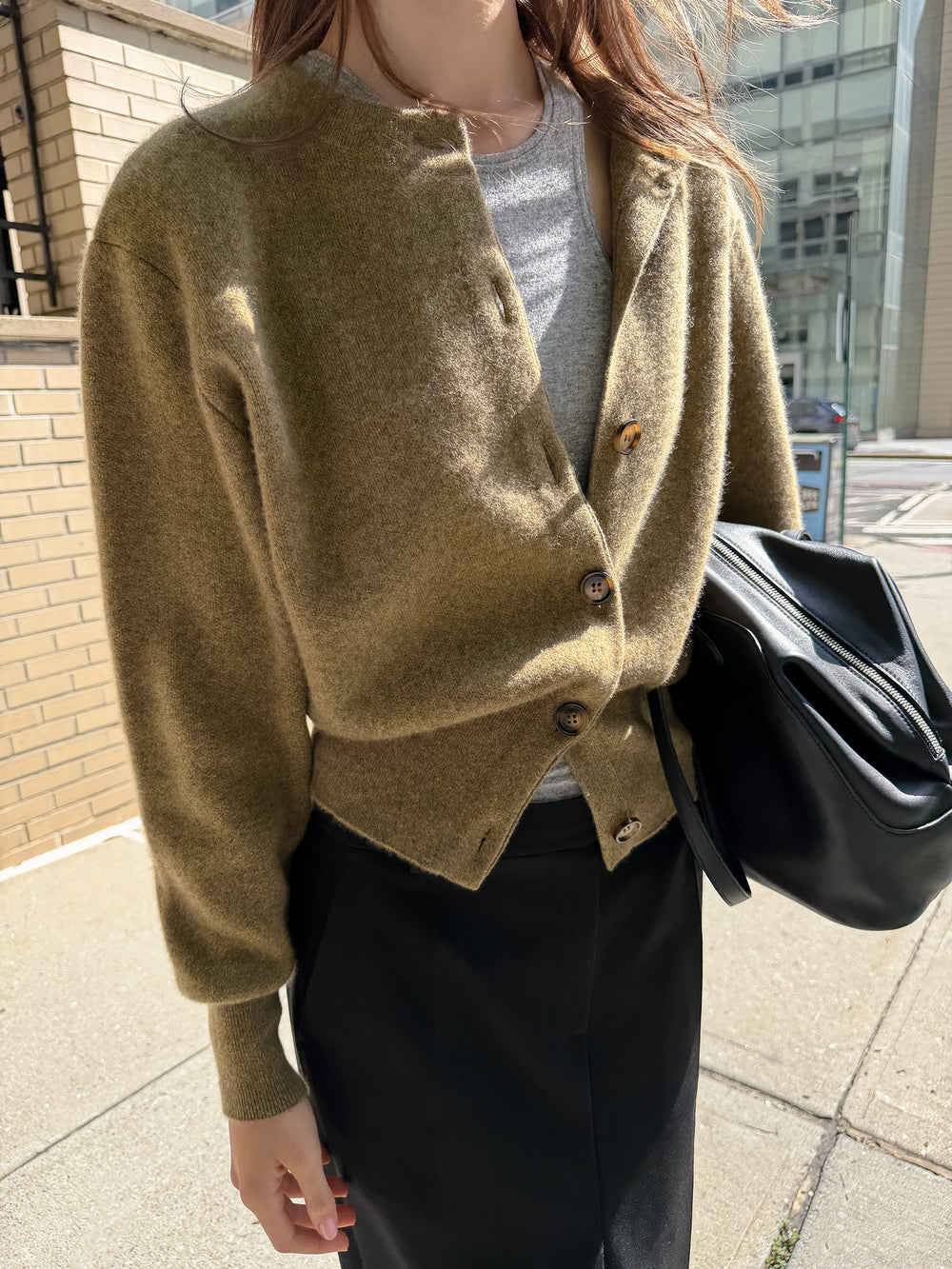 100% Cashmere Double-knit Cardigan Khaki Brown