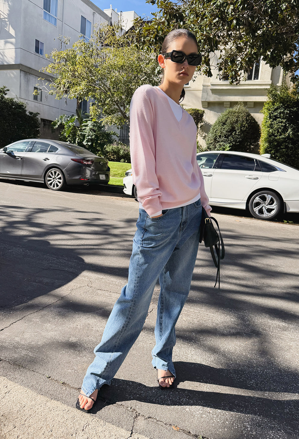 Spring Wool V-Neck Pullover Pink