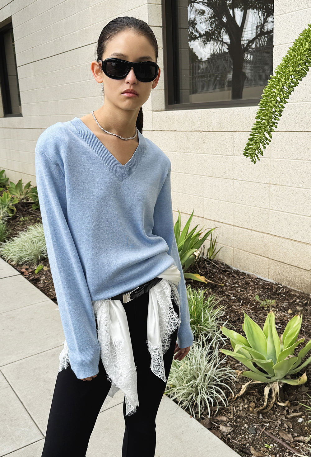 Spring Wool V-Neck Pullover Light Blue
