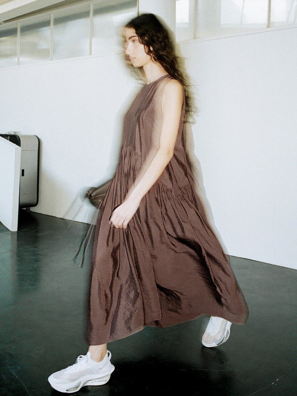 Flowy Shirring One-Piece Dress Brown