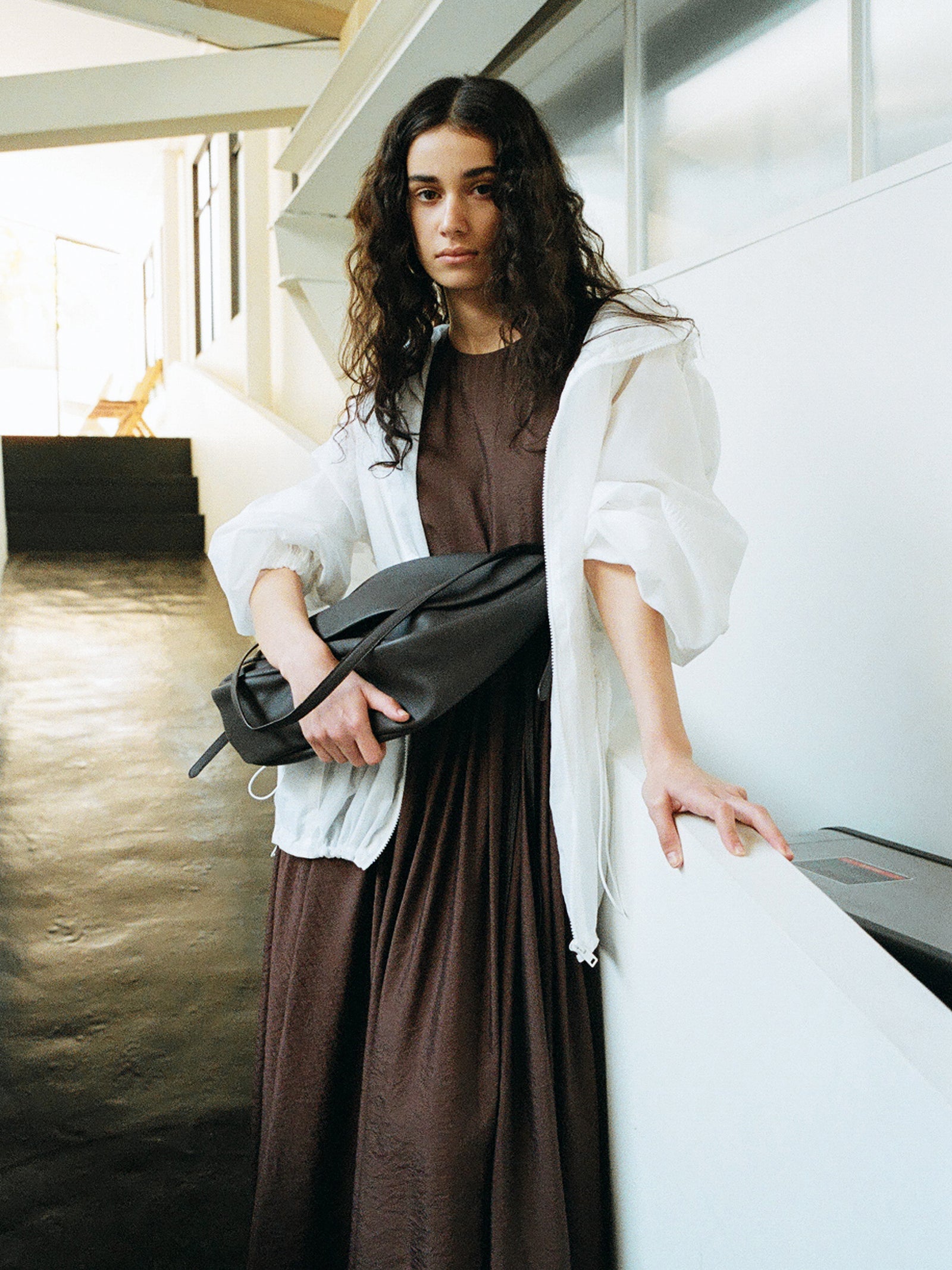 Flowy Shirring One-Piece Dress Brown