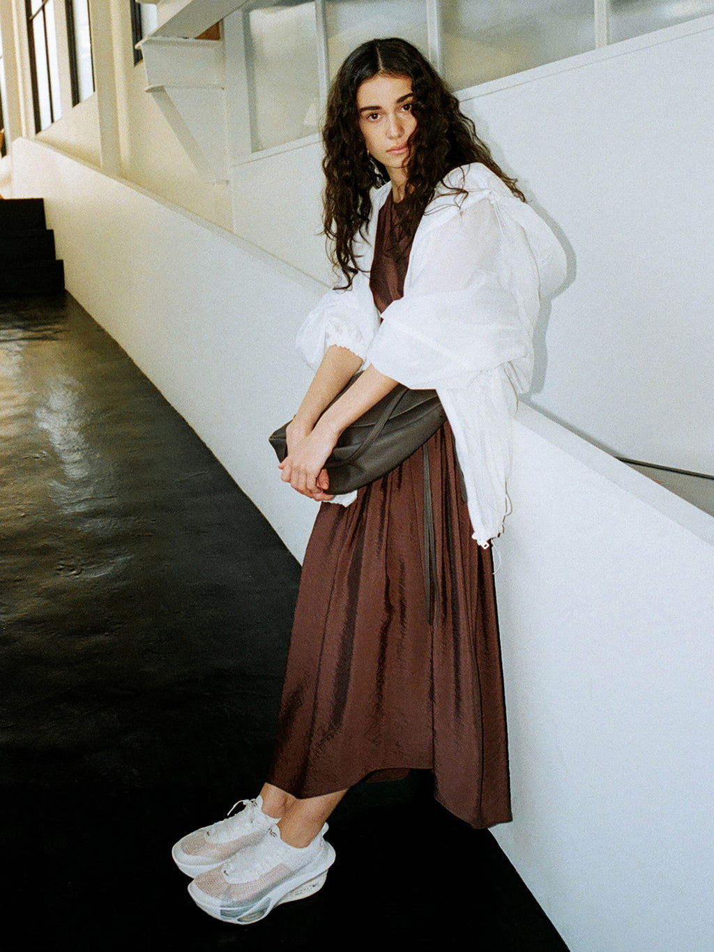 Flowy Shirring One-Piece Dress Brown