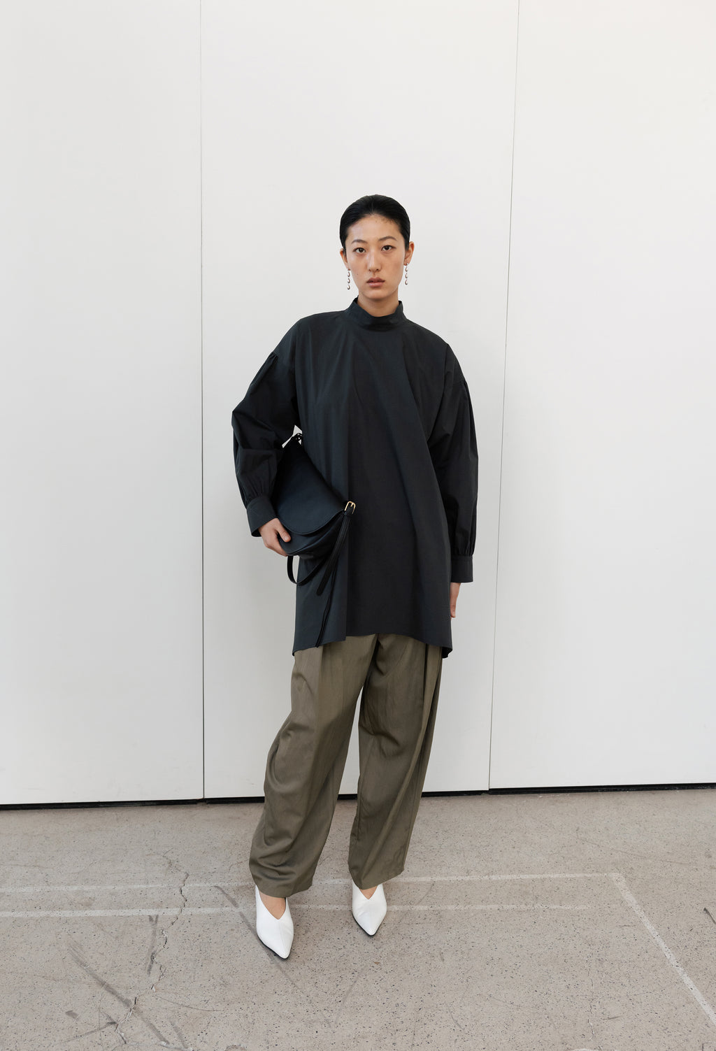 High-neck Shirred Blouse Dark Gray