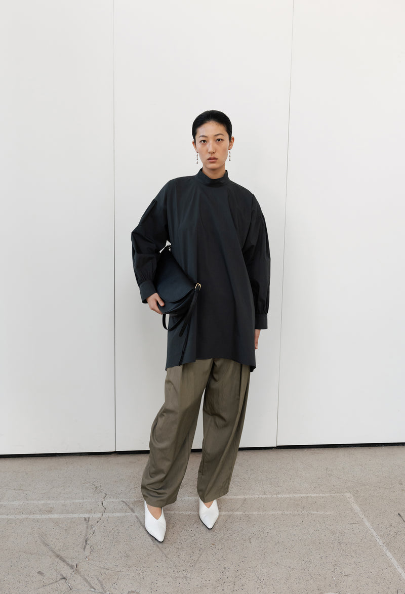 High-neck Shirred Blouse Dark Gray