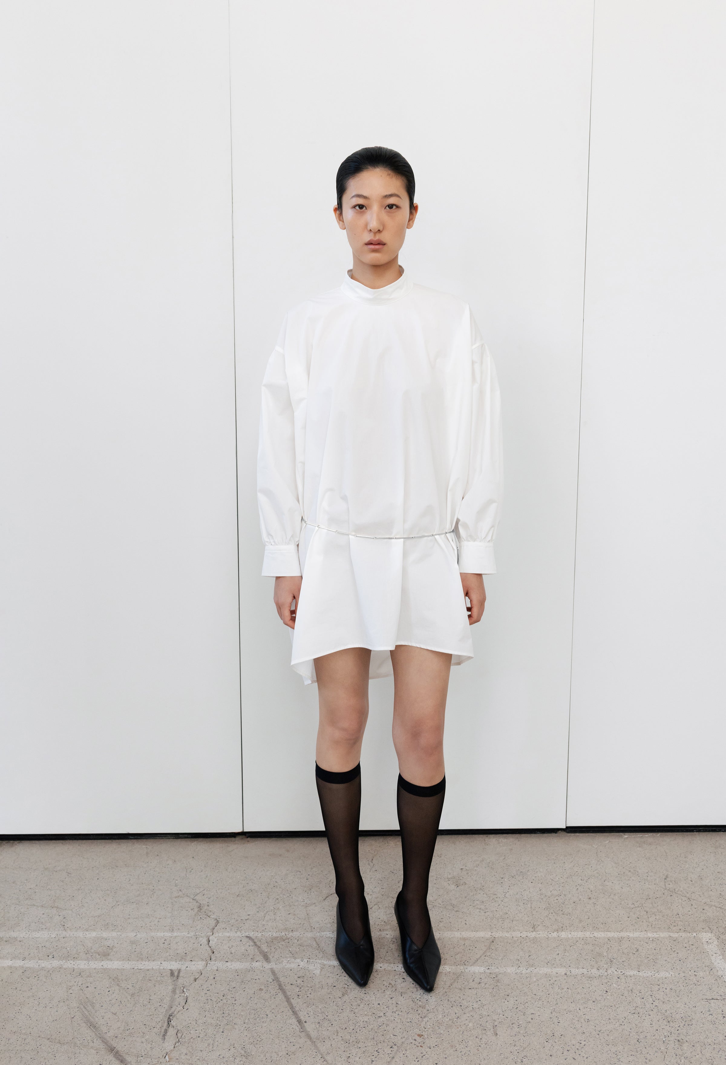 High-neck Shirring Blouse White
